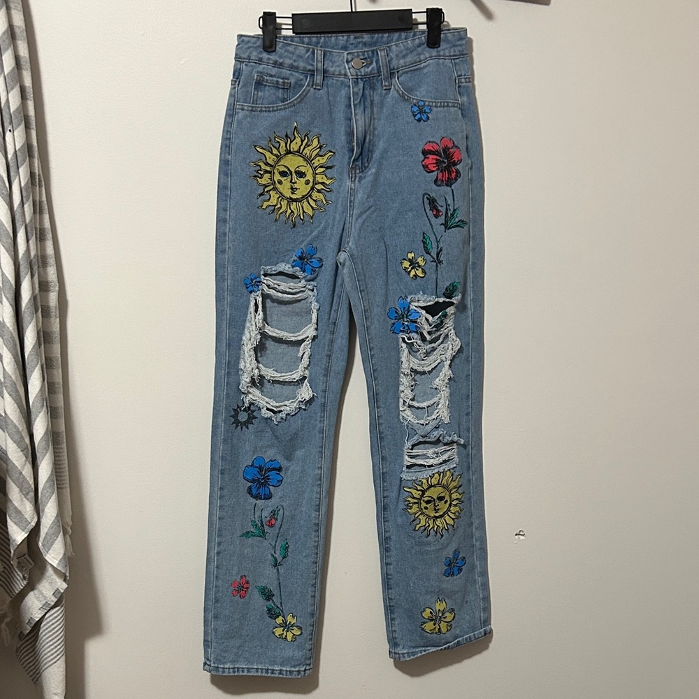 SHEIN Blue Jeans with Colorful‎ painted jeans